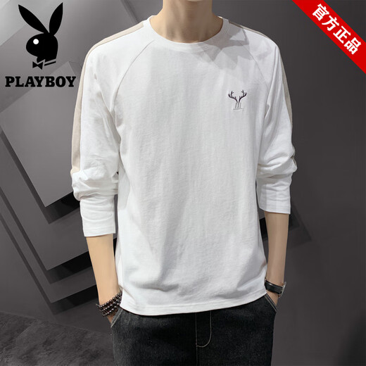 Playboy (Playboy) Marke Pure Cotton Cotton Long-Ärmeln T-Shirt Herren Frühling und Sommer Lose Sticked Base Shirt Top Herrenmarke Runde Hals-Sweatshirt DS692 Apricot Color XL (ca. 125-140 Jin [Jin gleich 0,5 kg] kann getragen werden)