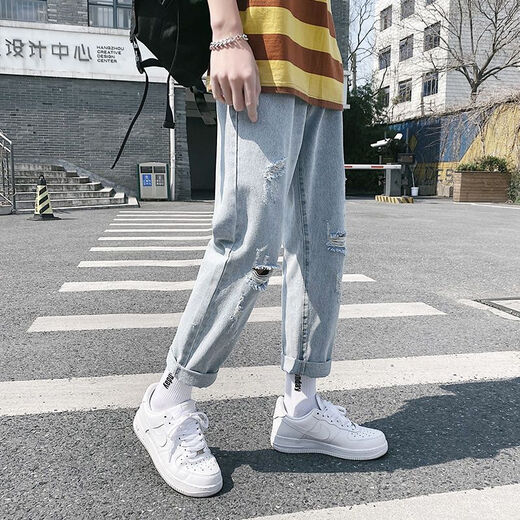 KFPF pants for men's trendy street-fried slim fit ripped pants straight jeans for men's summer thin 2025 new men's pants 679/Y ripped model M