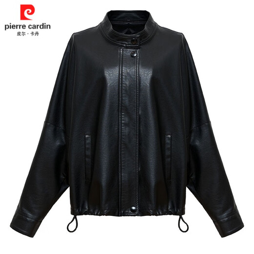 Pier Cardin Haining genuine leather leather jacket for women 2025 spring and autumn new stand collar casual large version leather jacket fashionable slim sheepskin jacket black suitable for 100-120 Jin [Jin equals 0.5 kg] M