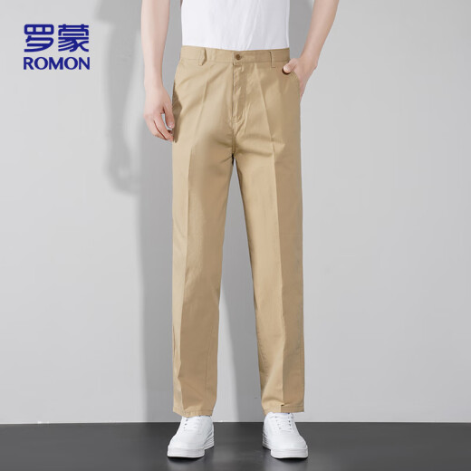 罗蒙（ROMON）休闲裤男纯棉夏季裤子男士休闲直筒男裤商务男装ZH302卡其色32