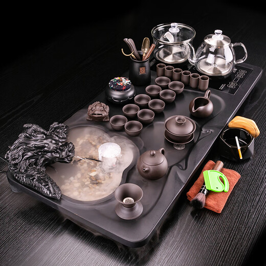 Xiangye Tea Set, Zisha Kung Fu Tea Set, Tea Maker, Household Complete Set of Tea Ceremony, Tea Art, Teapot, Tea Cup, Cover, Bowl, Male Cup, Black Yao Longteng Sihai Tea Tray + Zisha Tea Set