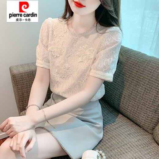 皮尔卡丹（pierre cardin）【1517人收藏】正肩时尚圆领蕾丝短袖t恤女2025夏季新款显瘦体恤 白色T1# S