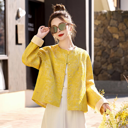 Pier cardinal jaune nouveau jacquard chinois veste courte pour les femmes 2025 printemps et automne new âge réduisant le cou rond polyvalent tang costume top top jaune régulier m (110-120jin [Jin est égal à 0,5 kg]))
