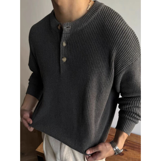 Liu Chaobu Old Money Style Henley Collar Sweater Men's Loose Long-Sleeved Sweater Knitted Sweater Henley Shirt Khaki XL