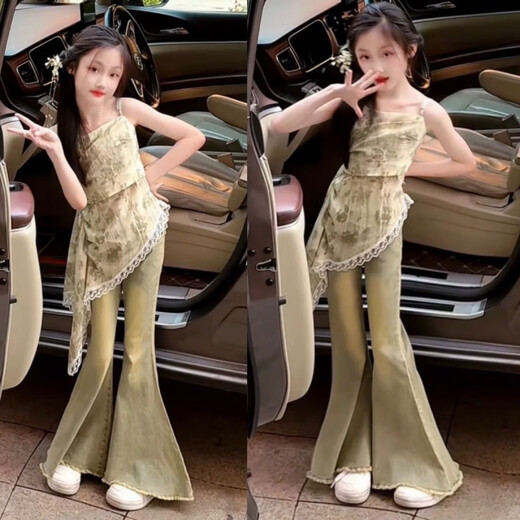 Juego de faldas de honda para niñas de Gesufan Summer 2025 Nuevo pantalón de mezclilla de mezclilla para niños de moda de moda de moda Los pantalones de fondo de mezclilla de dos piezas de dos piezas, pantalones de fondo retro 140, altura recomendada de aproximadamente 1.35 metros