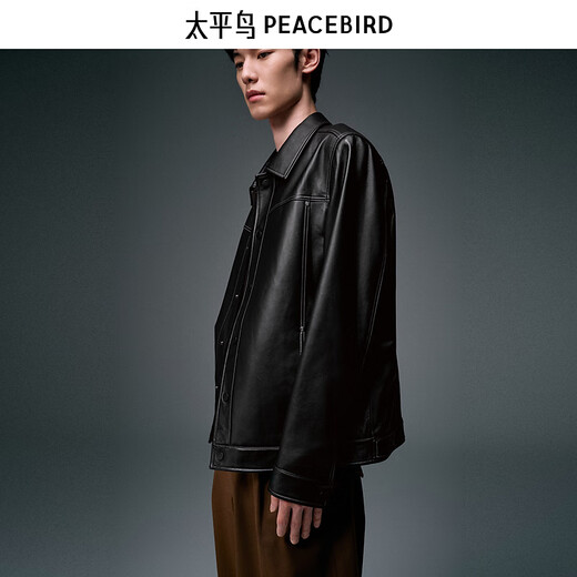 PEACEBIRD Men's Jacket Leather Lapel Lapel Temperament Loose Casual Fashion Black 1 S