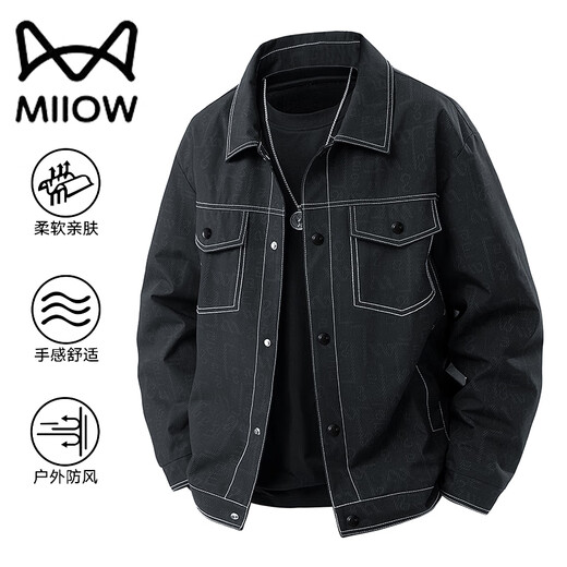 Catman Denim Jacket Men's Spring and Autumn Jacket Casual Top Loose Lapel Trendy Outdoor Men's Clothing Black XL