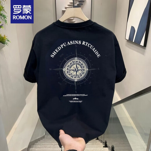 罗蒙（ROMON）2025夏新款短袖t恤男潮流男装衣服宽松休闲印花体恤半袖黑色 V753黑色 5XL