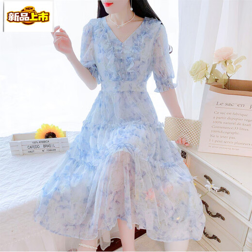 Break de thé français du premier chemin en V Beau robe en mousseline de mousseline florale pour l'été féminin 2025 Nouveau tempérament à la taille de la taille de fée-jupe longue Blue 736 # [Version Robe] L [suggéré 105-120jin [Jin est égal à 0,5 kg]]]