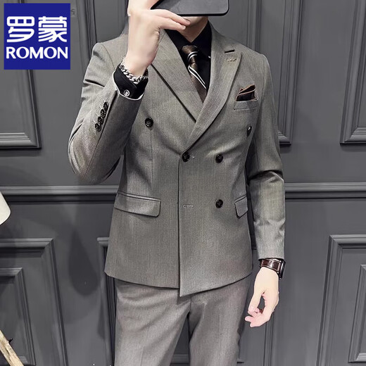 ROMON Blue Double-breasted Suit Jacket Men's Gentleman Business Casual Suit British Striped Wedding Groom's Dress Blue Two-piece Set Free Tie Tie Bra S 46
