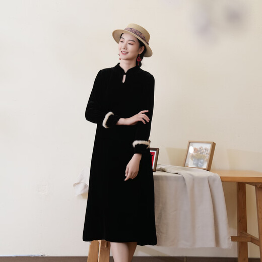 Bu Fu New Chinese Style Black Velvet Double Button Drop Collar Cheongsam 2026 New Spring Slim Long Sleeve Women's Clothing Black Velvet M