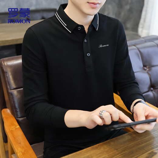 ROMON POLO shirt men's spring and autumn business comfortable long sleeve casual simple lapel breathable T-shirt top PO98 black 5XL