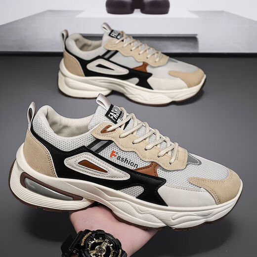 纶戛男鞋春夏季2025新款男士透气网面厚底运动鞋青少年休闲老爹鞋子男 RF-F736米色 41