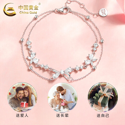 CHINA GOLD S925 silver bow double-layer bracelet for women, light luxury niche hand jewelry, Valentine's Day birthday gift for girlfriend, delivery today/next day, bow double-layer bracelet