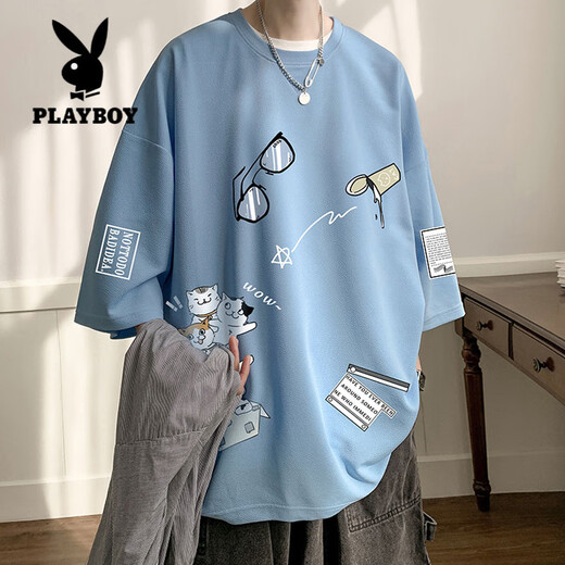 花花公子（PLAYBOY）男士短袖t恤夏季冰丝新款潮牌港风小猫印花上衣青少年七分袖体恤T Q11115B黑色+Q11162B蓝色 2XL 约145~160斤可穿