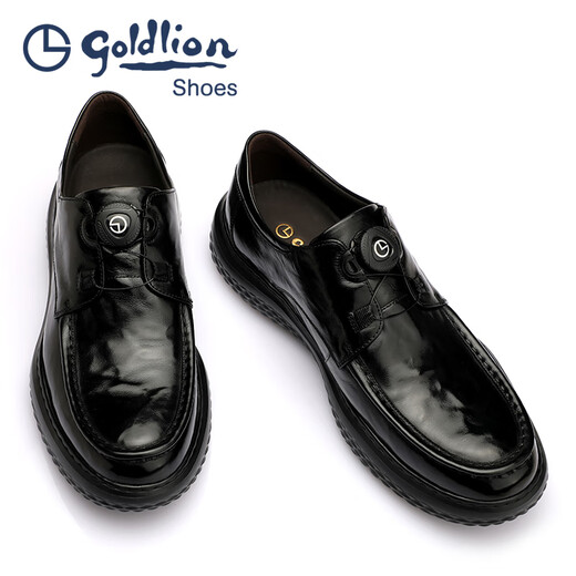 Goldlion Men's Shoes 2025 Spring New Men's Formal Leather Shoes Round Toe Knob Buckle Hand Scratch Pattern Thick Sole Business Casual Shoes Black 42