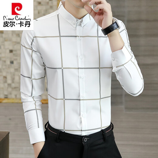 Pierre cardin spring and autumn plaid casual shirt men's long-sleeved thin high-end shirt business slim-fit trendy shirt 9922 khaki XL (120-135Jin [Jin equals 0.5 kg])