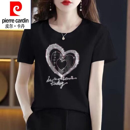 皮尔卡丹（pierre cardin）纯棉短袖t恤女大1码夏装新款时尚烫钻圆领半袖上衣黑色镶钻打底衫 圆领-连环爱心钻-黑色短袖 3524 2XL 适合135-165斤