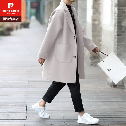 Pierre Cardin Off-White Woolen Windbreaker Jacket Men's Mid-Length Teenage Thickened Student Handsome Autumn and Winter Woolen Coat Off-White XL