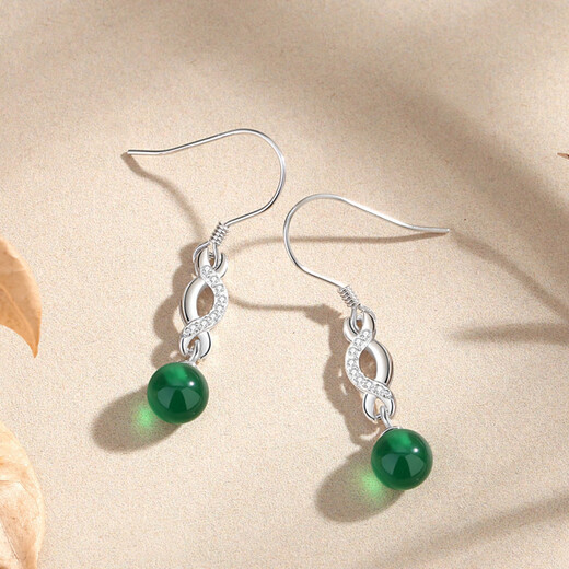 万礼福新中式S925纯银绿玛瑙圆珠耳坠女复古中国风长款耳勾感耳钉 EY681白金色耳坠 925银