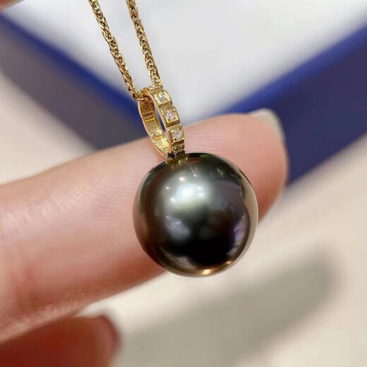 Yage Tahitian seawater black pearl pendant 18K gold diamond 10-11mm perfect round peacock green free silver chain classic style