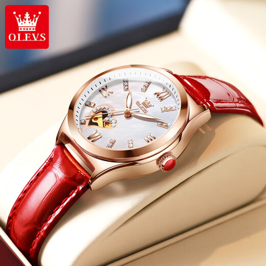 OLEVS Swiss certified brand watch women's fully automatic mechanical watch fashion temperament women's watch hollow women's watch gift OLEVS-6636-red skin white face