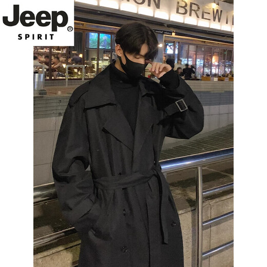 Jeep Spirit High-End Retro Double Breasted Windbreaker Herren Spring Neue Feste Farbe Einfacher mittelgroßer britischer Stil großer Größe Schwarz L.