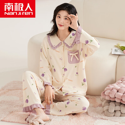 南极人睡衣女士春秋款纯棉长袖感家居服全棉大码2024新款套装 JM3522(主图) M 【80-98斤】