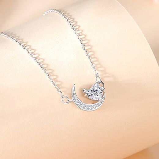 Version coréenne Wanlifu de Sterling Silver 925 Star Moon Collier Femme Star Moon Dream Heart Moon Collier Fashion Trend Light Luxury Collarbone Chain Dy841 Platinum (avec chaîne croisée) 925 Silver
