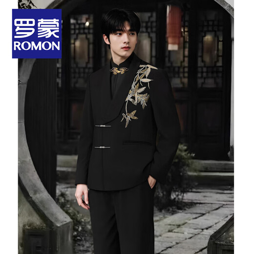 ROMON New Chinese Style Gold Collar Suit Men's Engagement Wedding Groom Embroidered Tang Suit Chinese Style Host Banquet Suit Men's New Chinese Style Jacket + Pants XL (Recommended 155-170 Jin Jin equals 0.5 kg)