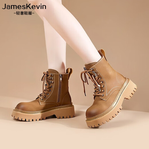 James Kevin品牌东北大棉鞋女雪地靴女2024冬季新款加绒加厚保暖舒适马丁短靴 棕色 2602 34 220mm