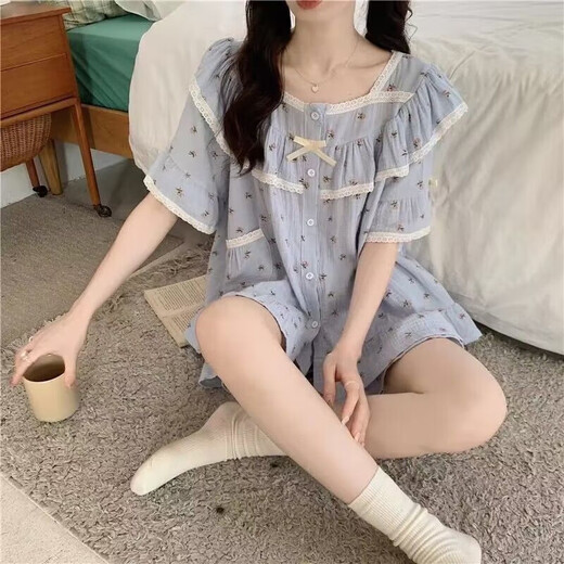 
2025 new pajamas for women in summer cotton short-sleeved pastoral style floral girl sweet summer thin home clothes M1283LA small pink flower blue L