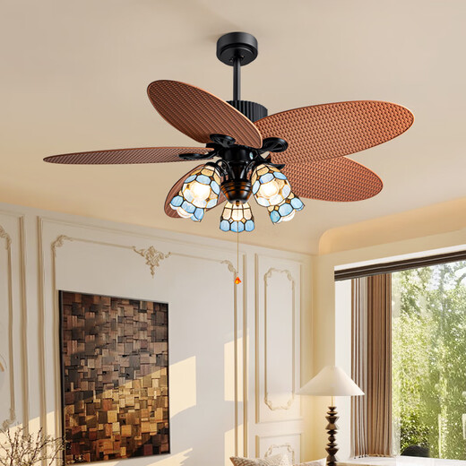 Weather Vane mittelalterlicher Stil Retro Restaurant Lüfter Licht Imitation Weinblätter Pastoral Country Style Variable Frequenz Großer Windkraft Stille Deckenlüfter Licht 52-736A Licht Farbe Blatt 3 Lampe runde Steinmuster Abdeckung