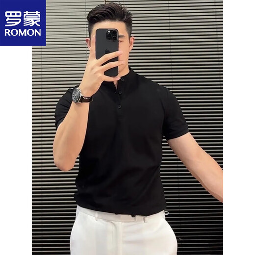 罗蒙（ROMON）品质商务半袖男士polo.衫年轻款夏季重磅蓝色亨利领短袖T恤 蓝色【高质量】 型男 L (适合)115-130斤