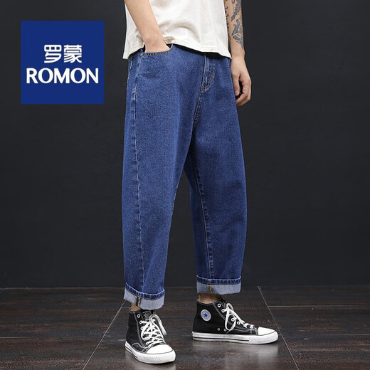 罗蒙（ROMON）潮胖大码男装九分牛仔裤宽松直筒裤阔腿胖子9分加肥加大老爹裤子 浅蓝 直筒长裤9904 28 建议90-100斤
