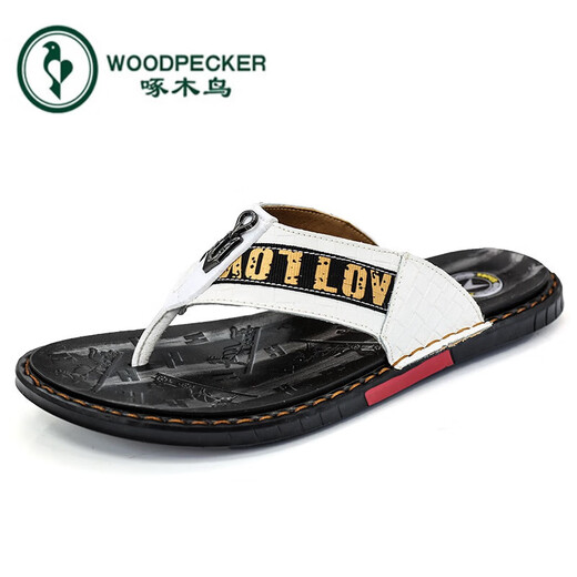 
Woodpecker brand flip flops men 2022 summer men's slippers genuine leather sandals trendy non-slip outdoor sandals outside the beach 16886 black and red 38