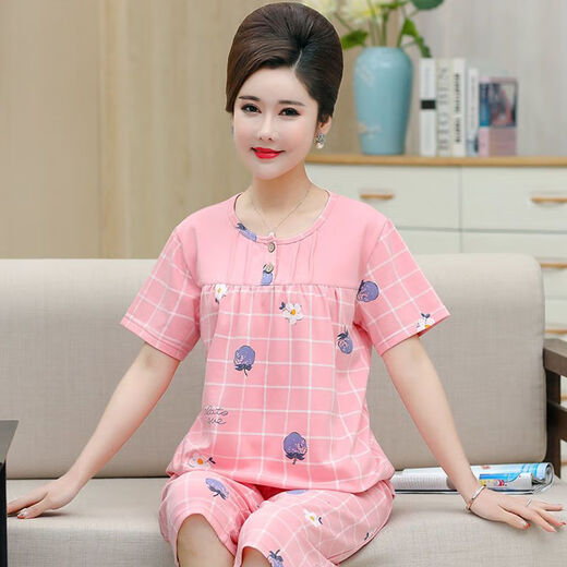 炙夏中年妈妈睡衣女夏季纯棉短袖七分裤中老年人 t3937 2XL (135-155斤)