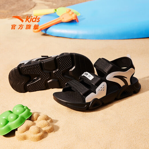 ANTA Children's Sandals Men's Big Children's Shoes Sports Shoes 2025 Summer New Breathable Beach Shoes Open Toe Boys' River Shoes Boys Classic Black/Silver-8 34 Size