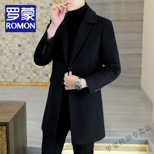 罗蒙（ROMON）双面呢大衣男商务中长款冬季羊毛呢子高端英伦休闲青年风衣外套男 黑色 加绒 M (170)