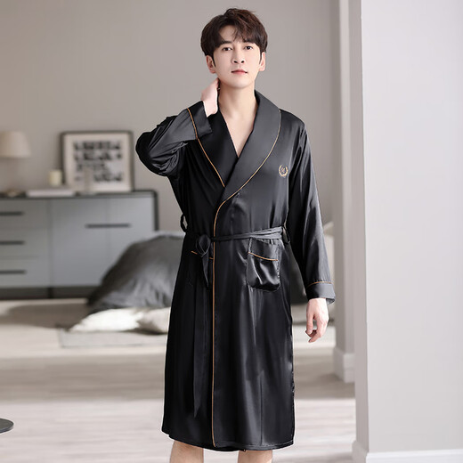 
Modal nightgown men's summer thin ice silk pajamas men's long yukata bathrobe one-piece large size loose home clothes spring and autumn dark black [ice silk breathable, delicate and smooth] XL [recommended 130-150Jin [Jin equals 0.5 kg]]