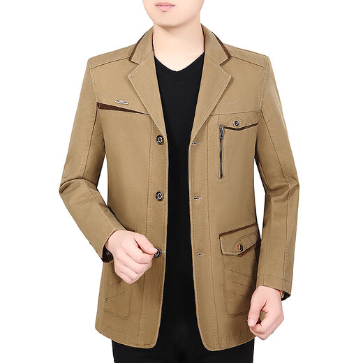 Pierre cardin spring and autumn men's clothing middle-aged men's pure cotton jacket casual daddy autumn jacket suit collar mid-length jacket deep khaki [stand collar] 180 XL