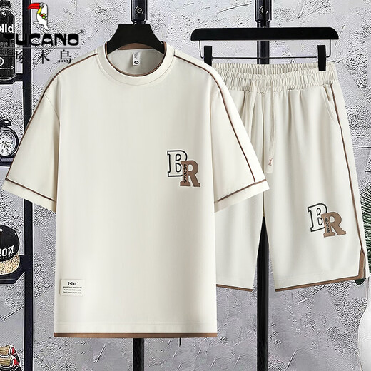 
Woodpecker (TUCANO) ice silk t-shirt men casual sports suit summer letter printing half-sleeved men teen short-sleeved shorts two-piece set T K1301 black [top + pants] M