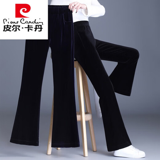 皮尔卡丹金丝绒微喇叭裤女春秋2025新款高腰显瘦直筒阔腿丝绒裤子女裤加绒 3886 黑色  加绒 长裤 加厚 S 【85-100斤】