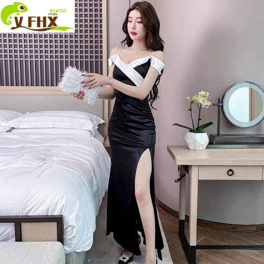 VFHX晚礼服性感吊带连衣裙一字肩气质夜场长款柔式spa足浴技师工作服 白色 13582 S 建议80-90斤