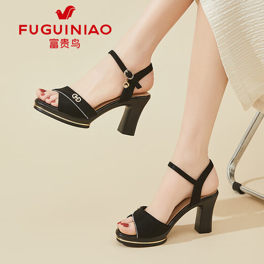 富贵鸟（FGN）高跟鞋女2025夏季新款一字扣凉鞋配裙子妈妈鱼嘴女鞋子 黑色 35