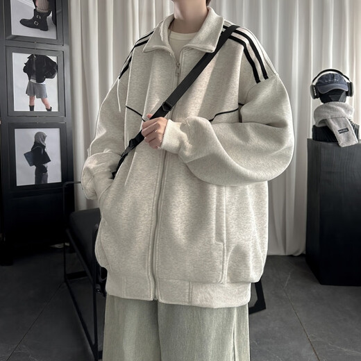 Pocket stand collar jacket men's spring and autumn new American trendy brand contrasting color striped handsome teenagers casual tops floral gray XL recommended 130-150Jin Jin equals 0.5 kg