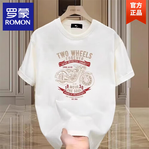 罗蒙（ROMON）重磅纯棉短袖t恤男士夏季复古痞帅印花正肩圆领半袖体恤 683白色 2XL 建议150-165斤