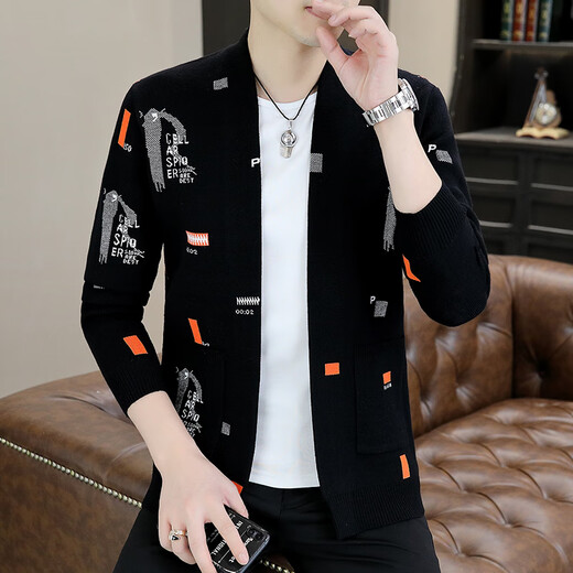 龙桃子男士针织开衫2024年春秋冬季新款上衣服潮流修身休闲秋天毛衣外套 9901黑色 M