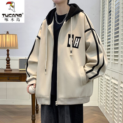 Woodpecker (TUCANO) 2025 Spring and Autumn Jacket Men's Hooded Student Baseball Casual All-Match Jacket Boys Junior High School Jacket Men's 10740-JK008 Off-white XL 120-140Jin Jin equals about 0.5 kg