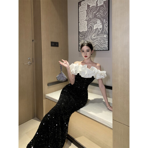 Chuangjing Yi selected annual meeting dress for women, high-end Hepburn style French one-shoulder velvet dress, elegant, light and luxurious, ladylike temperament, bright black, follow the store for preferred delivery L